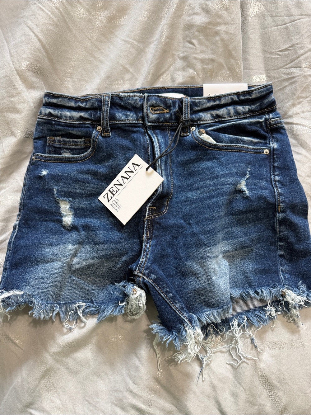 Zenana Outfitters Blue Distressed Frayed Hem Denim Shorts